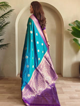 Precious Teal Blue Zari Weaving Silk Festive Wear Saree With Blouse