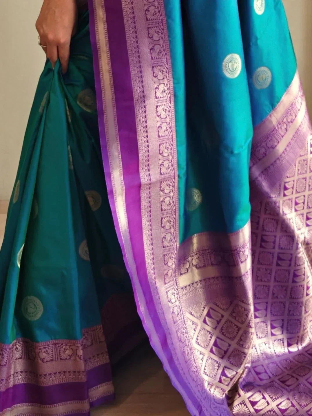 Precious Teal Blue Zari Weaving Silk Festive Wear Saree With Blouse
