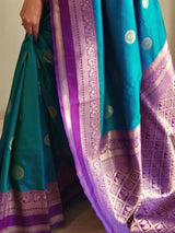 Precious Teal Blue Zari Weaving Silk Festive Wear Saree With Blouse