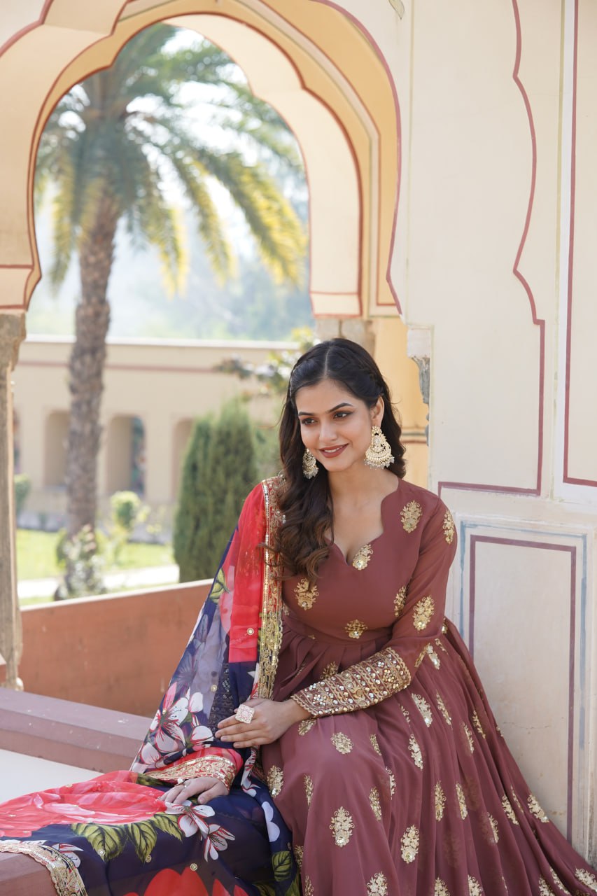 Premium Brown Designer Readymade Faux Georgette Gown with Zari & Sequin Embroidery, V-Neck, Full Sleeves & Dupatta