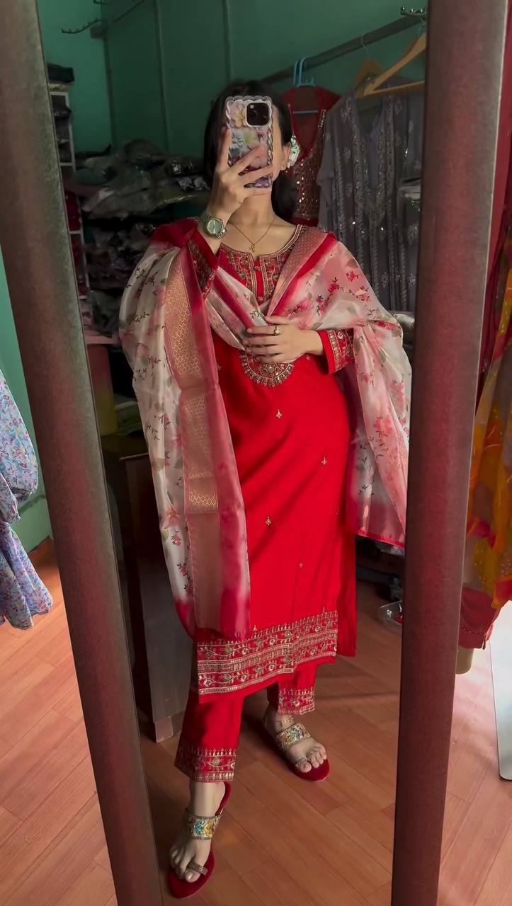 Red Premium Designer Readymade Top & Bottom Set with Elegant Dupatta – Party Wear Collection