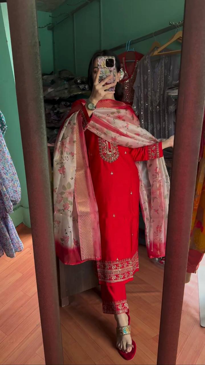 Red Premium Designer Readymade Top & Bottom Set with Elegant Dupatta – Party Wear Collection