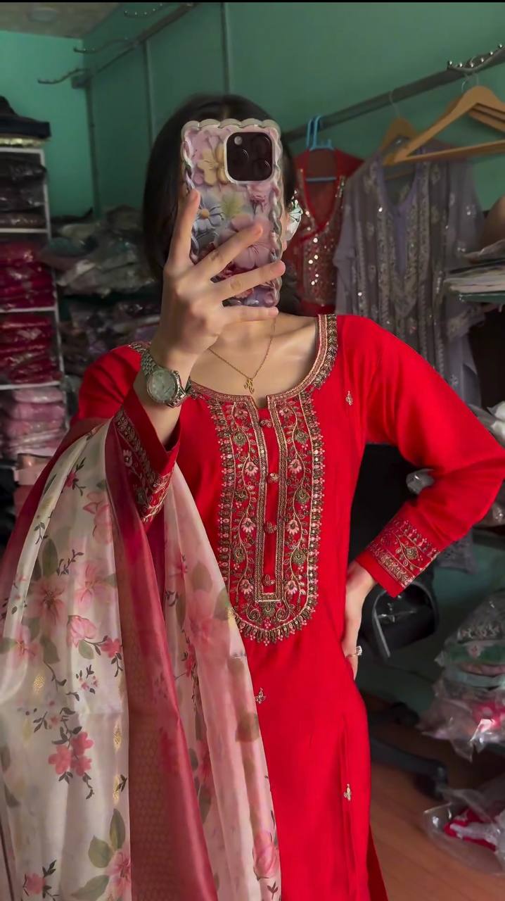 Red Premium Designer Readymade Top & Bottom Set with Elegant Dupatta – Party Wear Collection