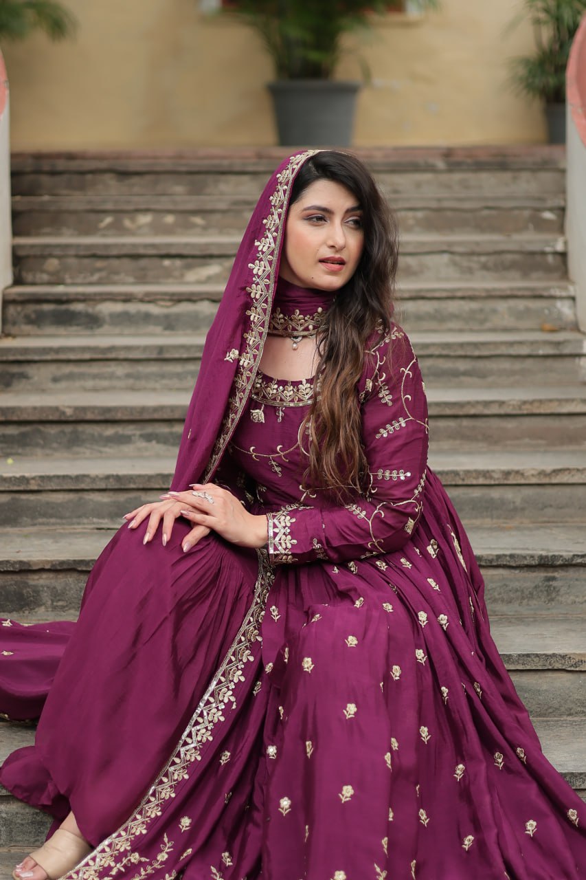 Wine Designer Readymade Top-Sharara-Dupatta  Sequins Embroidered Chinon Suit