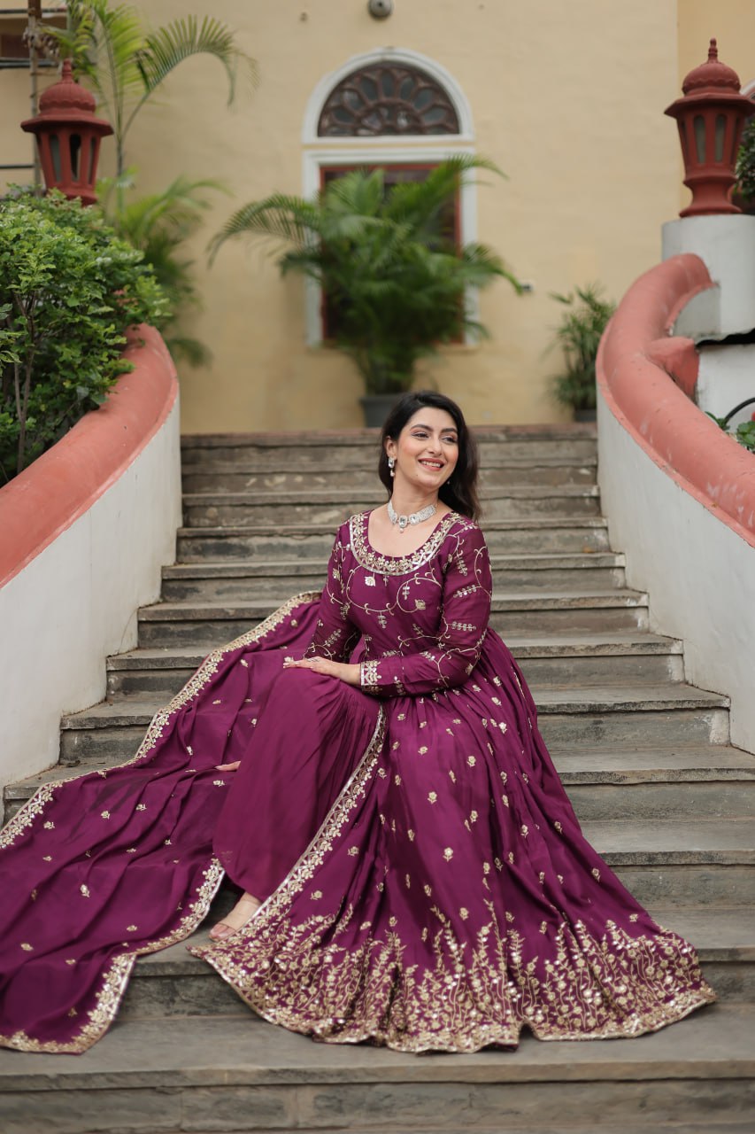 Wine Designer Readymade Top-Sharara-Dupatta  Sequins Embroidered Chinon Suit