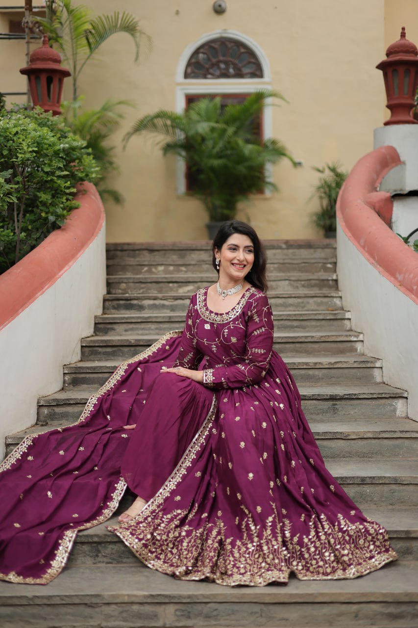 Wine Designer Readymade Top-Sharara-Dupatta  Sequins Embroidered Chinon Suit