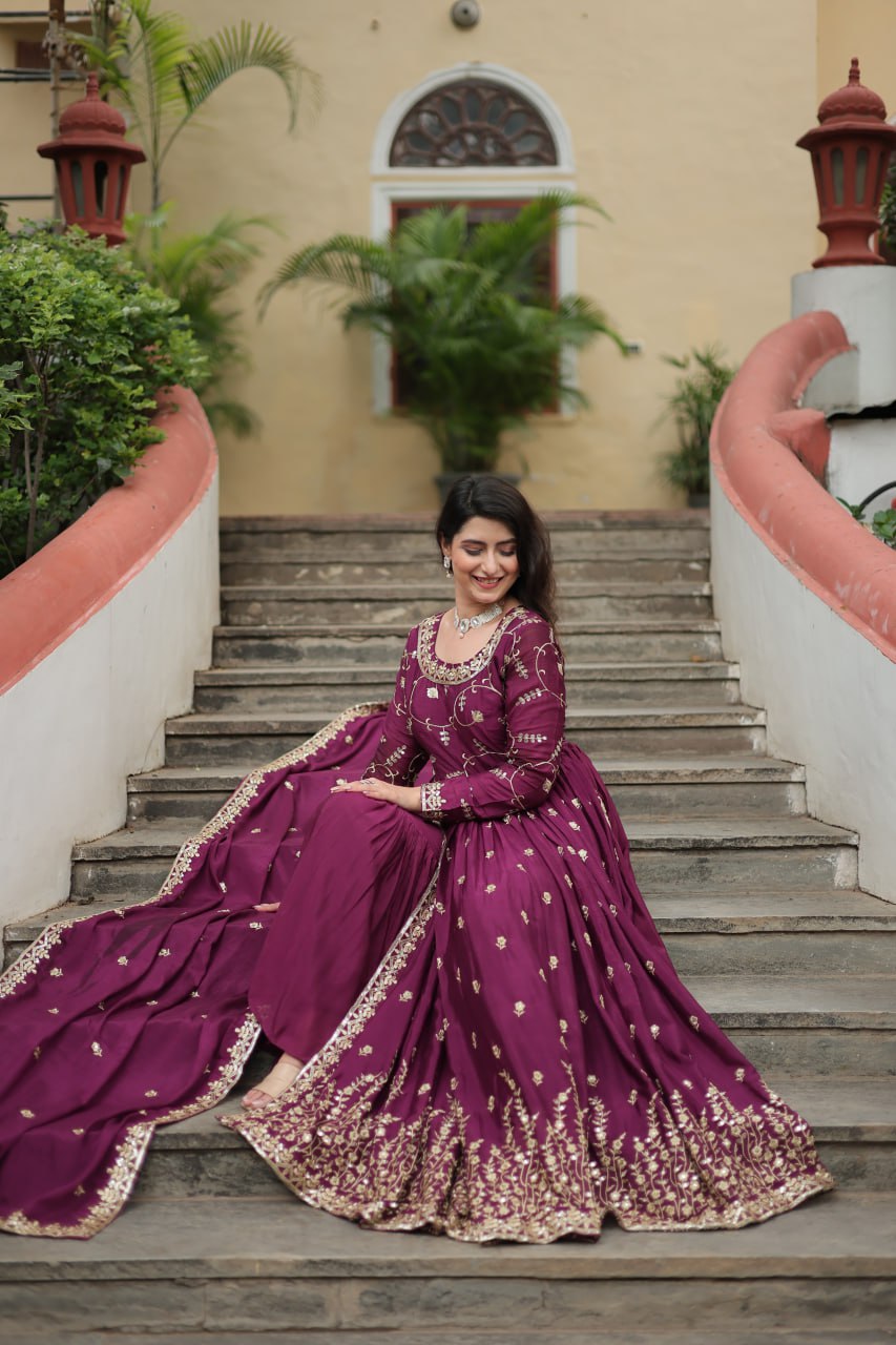 Wine Designer Readymade Top-Sharara-Dupatta  Sequins Embroidered Chinon Suit
