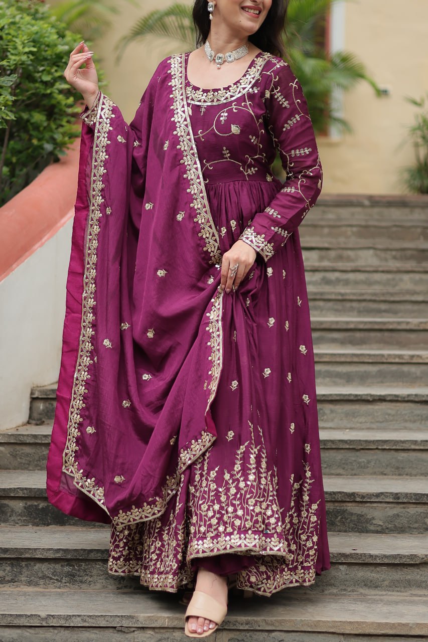 Wine Designer Readymade Top-Sharara-Dupatta  Sequins Embroidered Chinon Suit