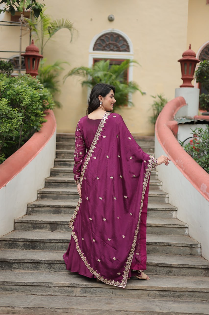 Wine Designer Readymade Top-Sharara-Dupatta  Sequins Embroidered Chinon Suit