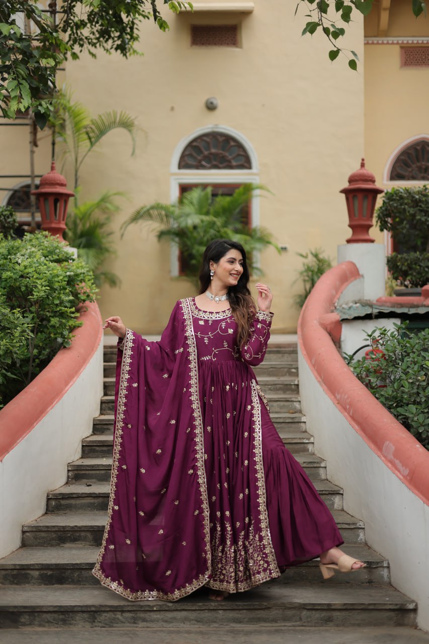Wine Designer Readymade Top-Sharara-Dupatta  Sequins Embroidered Chinon Suit