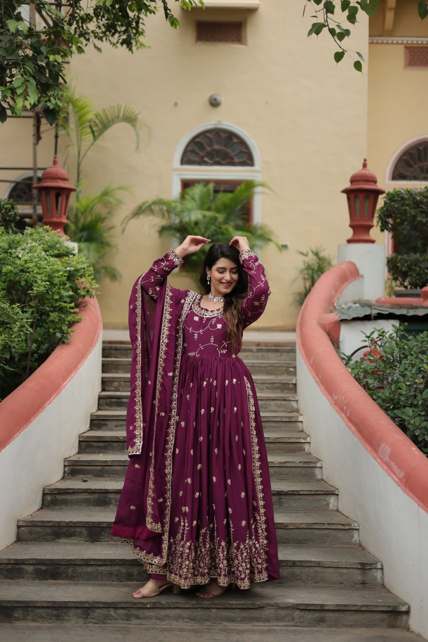 Wine Designer Readymade Top-Sharara-Dupatta  Sequins Embroidered Chinon Suit