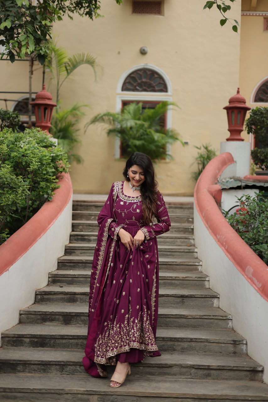Wine Designer Readymade Top-Sharara-Dupatta  Sequins Embroidered Chinon Suit
