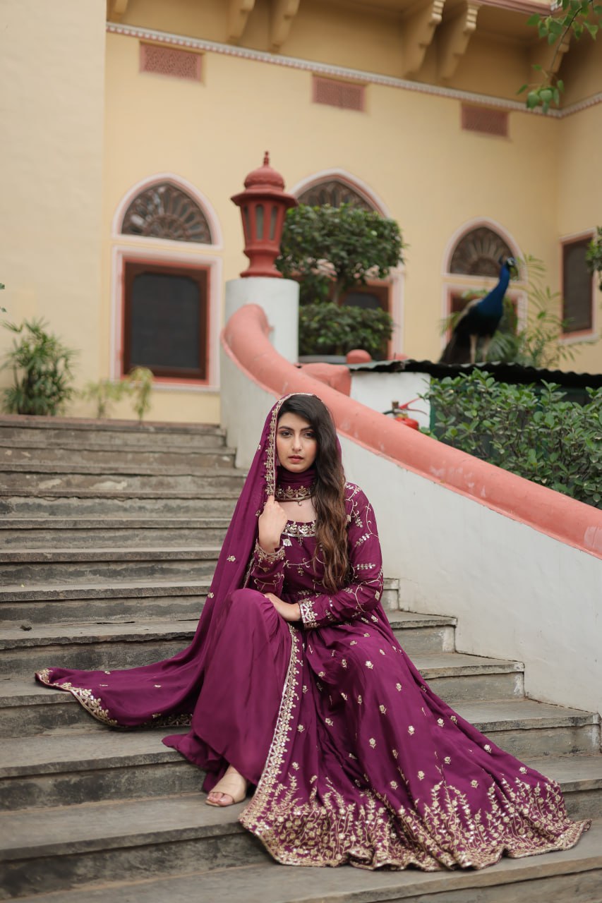 Wine Designer Readymade Top-Sharara-Dupatta  Sequins Embroidered Chinon Suit