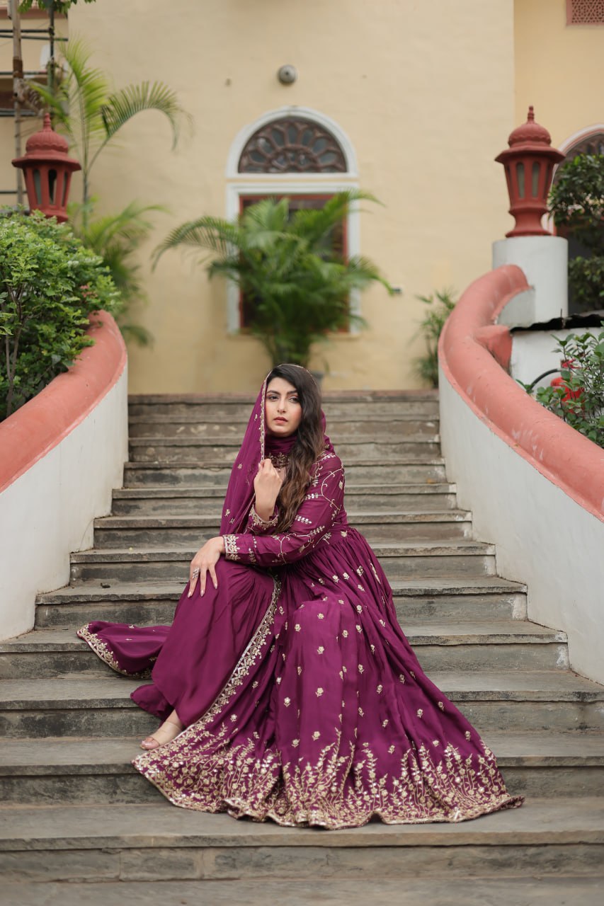 Wine Designer Readymade Top-Sharara-Dupatta  Sequins Embroidered Chinon Suit