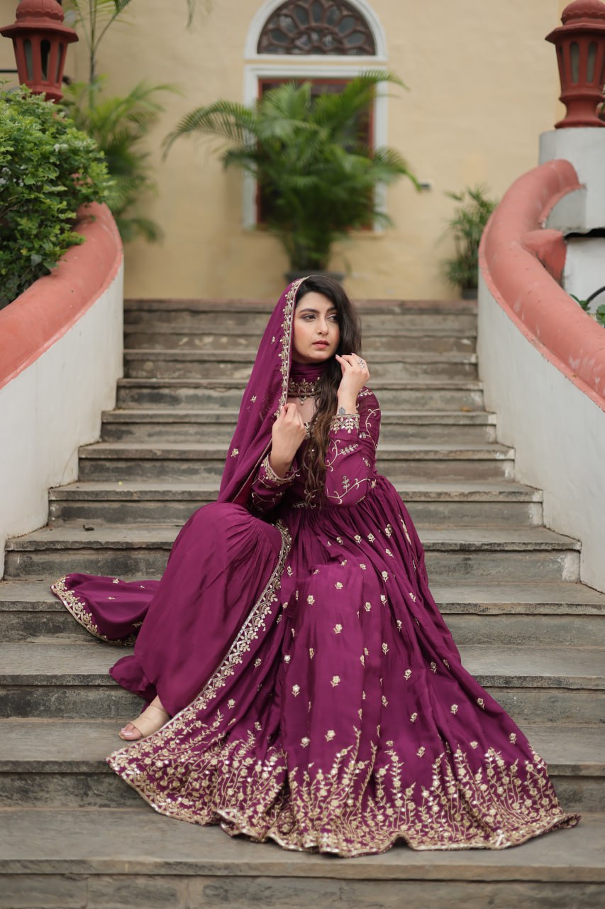 Wine Designer Readymade Top-Sharara-Dupatta  Sequins Embroidered Chinon Suit