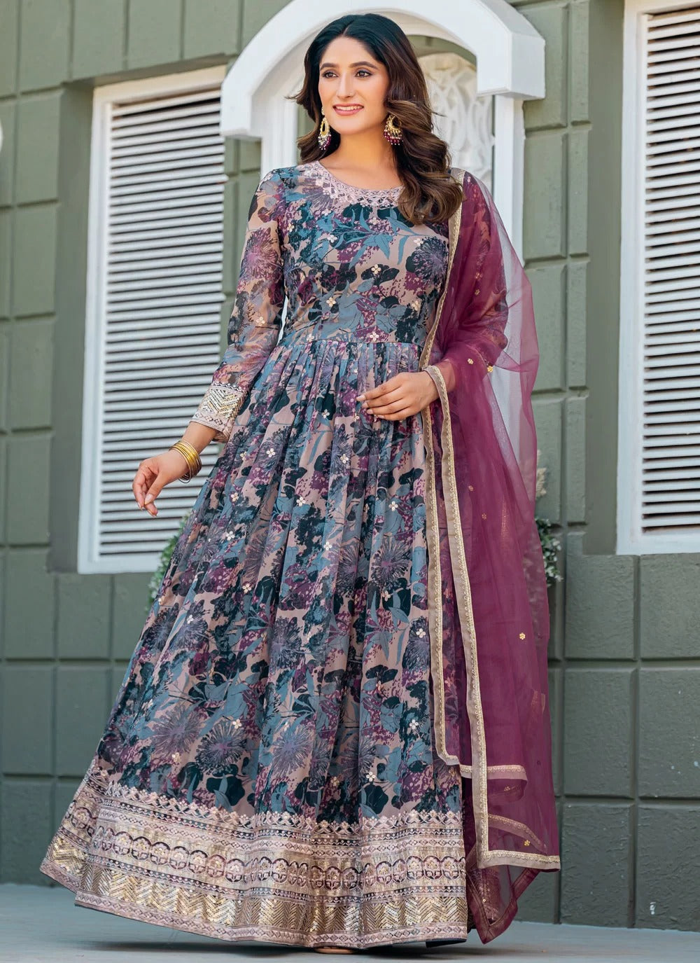 Premium designer taby silk readymade gown with net diamond dupatta