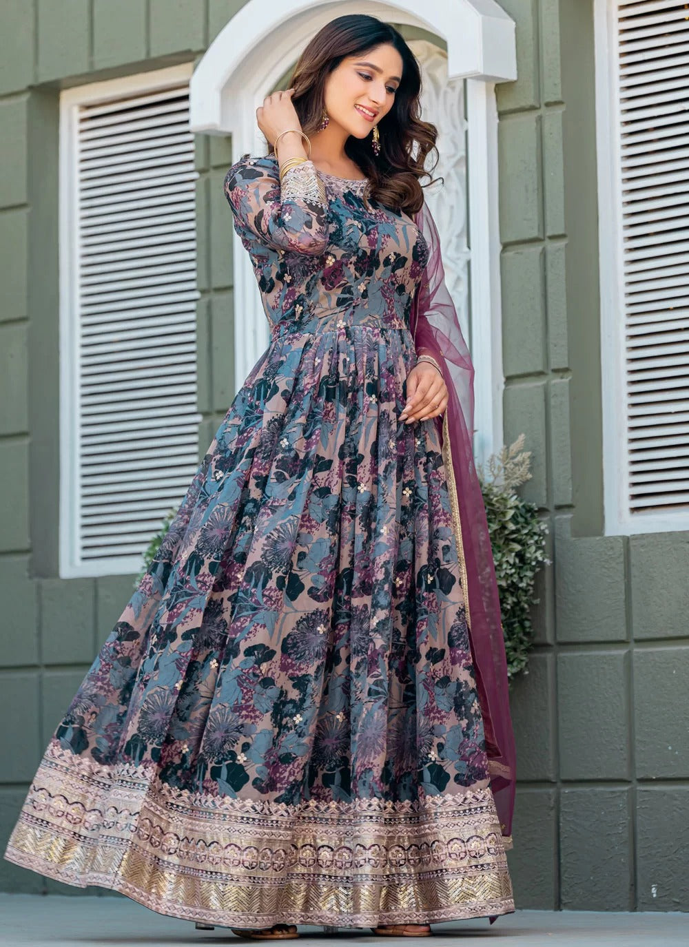 Premium designer taby silk readymade gown with net diamond dupatta