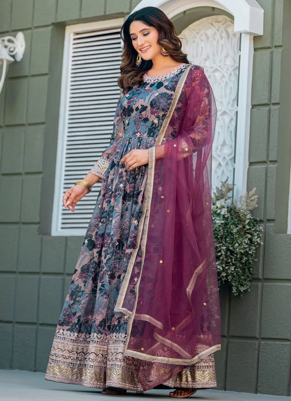 Premium designer taby silk readymade gown with net diamond dupatta