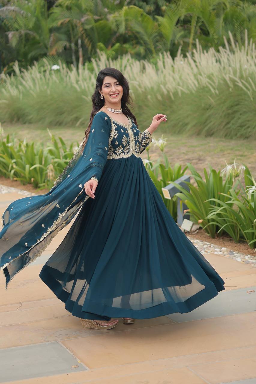 Rama Color Faux Blooming Gown with Sequins & Multi-Embroidery Work