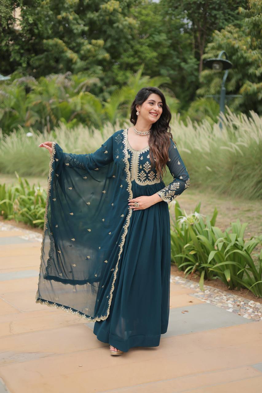 Rama Color Faux Blooming Gown with Sequins & Multi-Embroidery Work