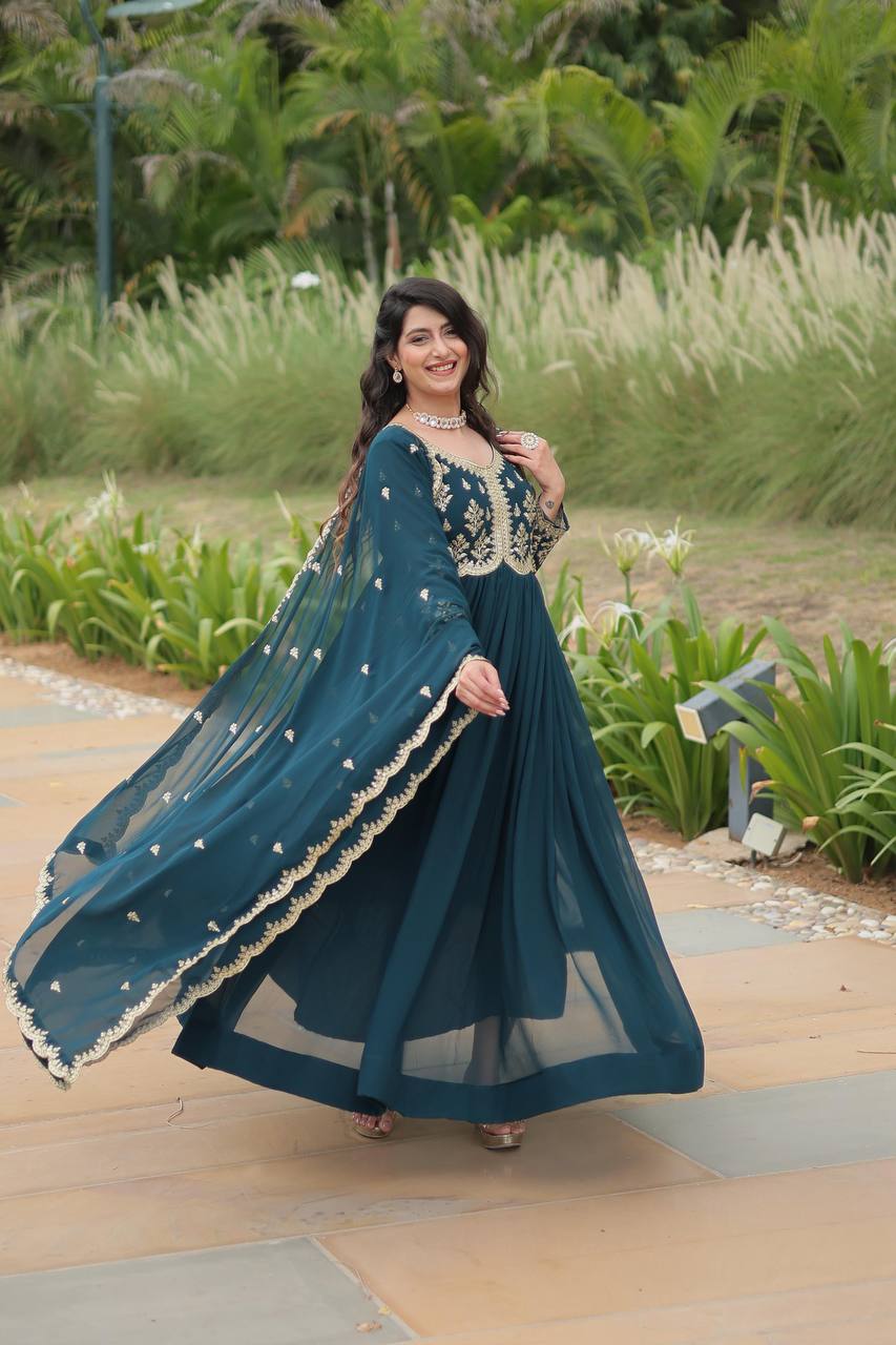 Rama Color Faux Blooming Gown with Sequins & Multi-Embroidery Work