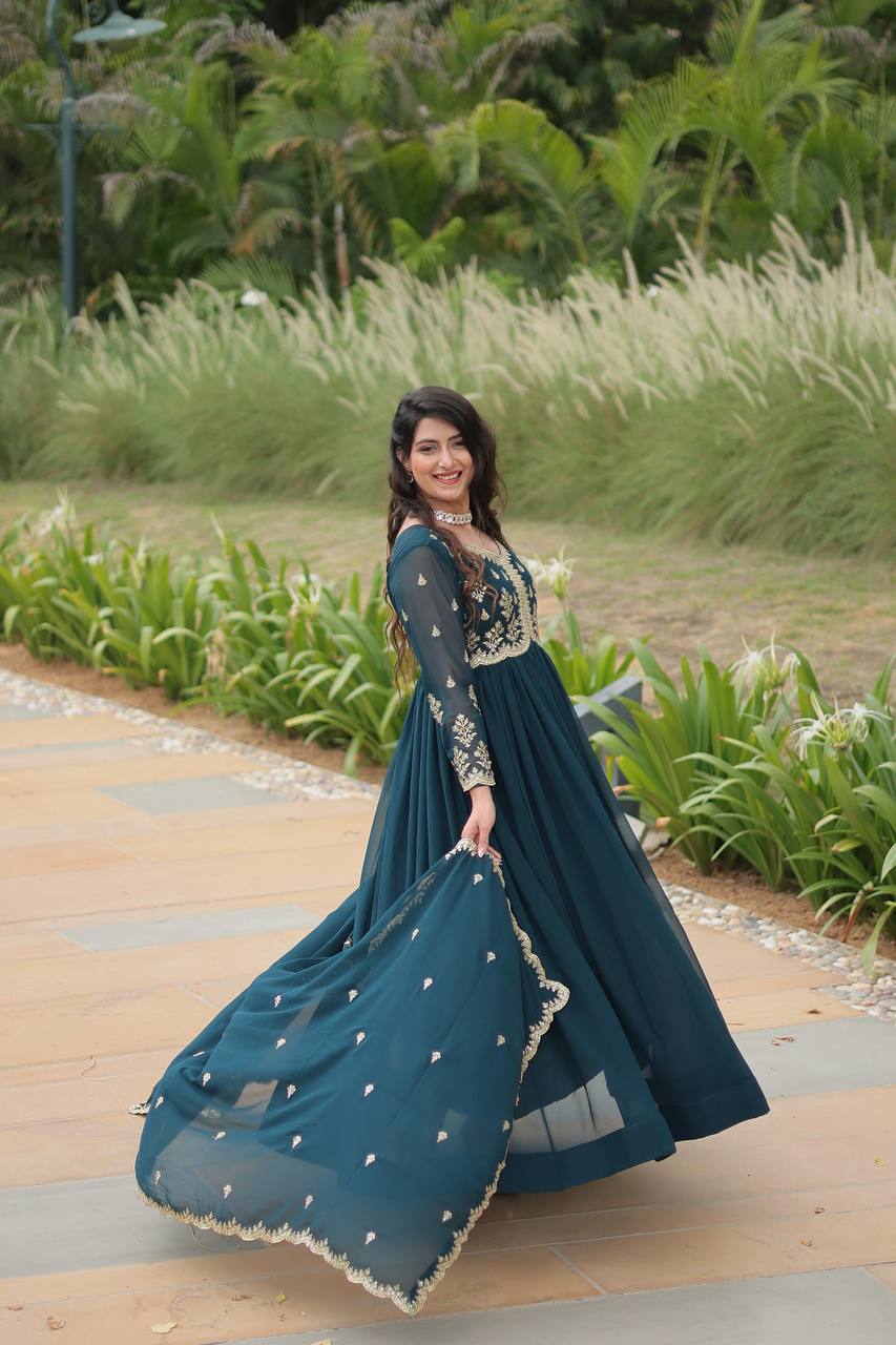 Rama Color Faux Blooming Gown with Sequins & Multi-Embroidery Work