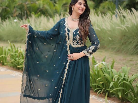 Rama Color Faux Blooming Gown with Sequins & Multi-Embroidery Work