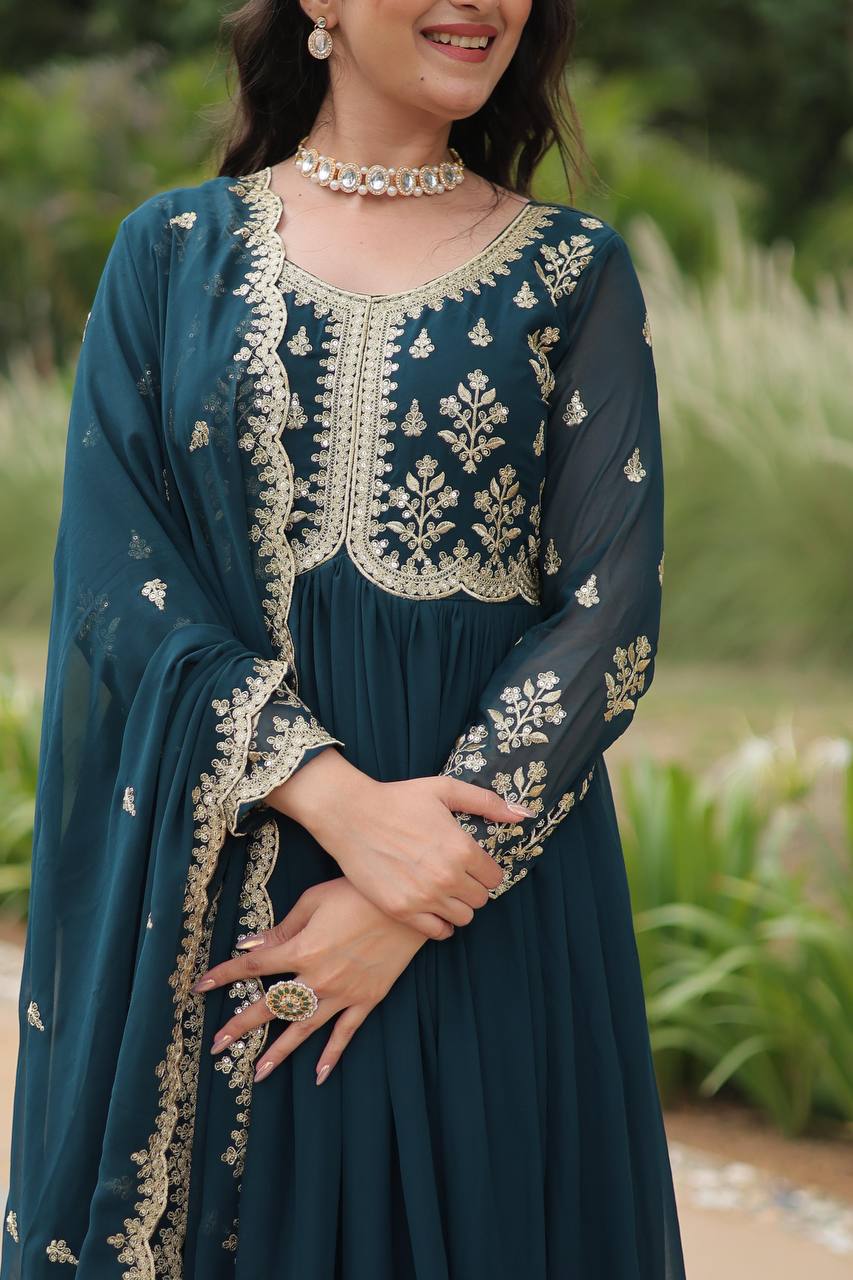Rama Color Faux Blooming Gown with Sequins & Multi-Embroidery Work