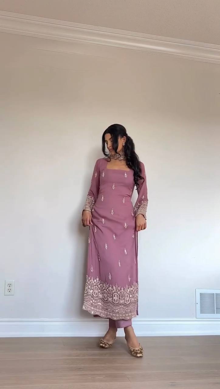 Premium Faux Georgette Thread–Sequence Work Suit Set | Readymade Top, Micro Cotton Pant & Fancy Lace Dupatta | M to 3XL Sizes