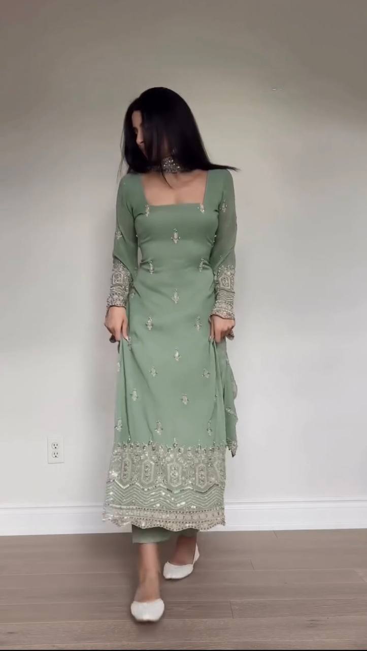 Premium Faux Georgette Thread–Sequence Work Suit Set | Readymade Top, Micro Cotton Pant & Fancy Lace Dupatta | M to 3XL Sizes