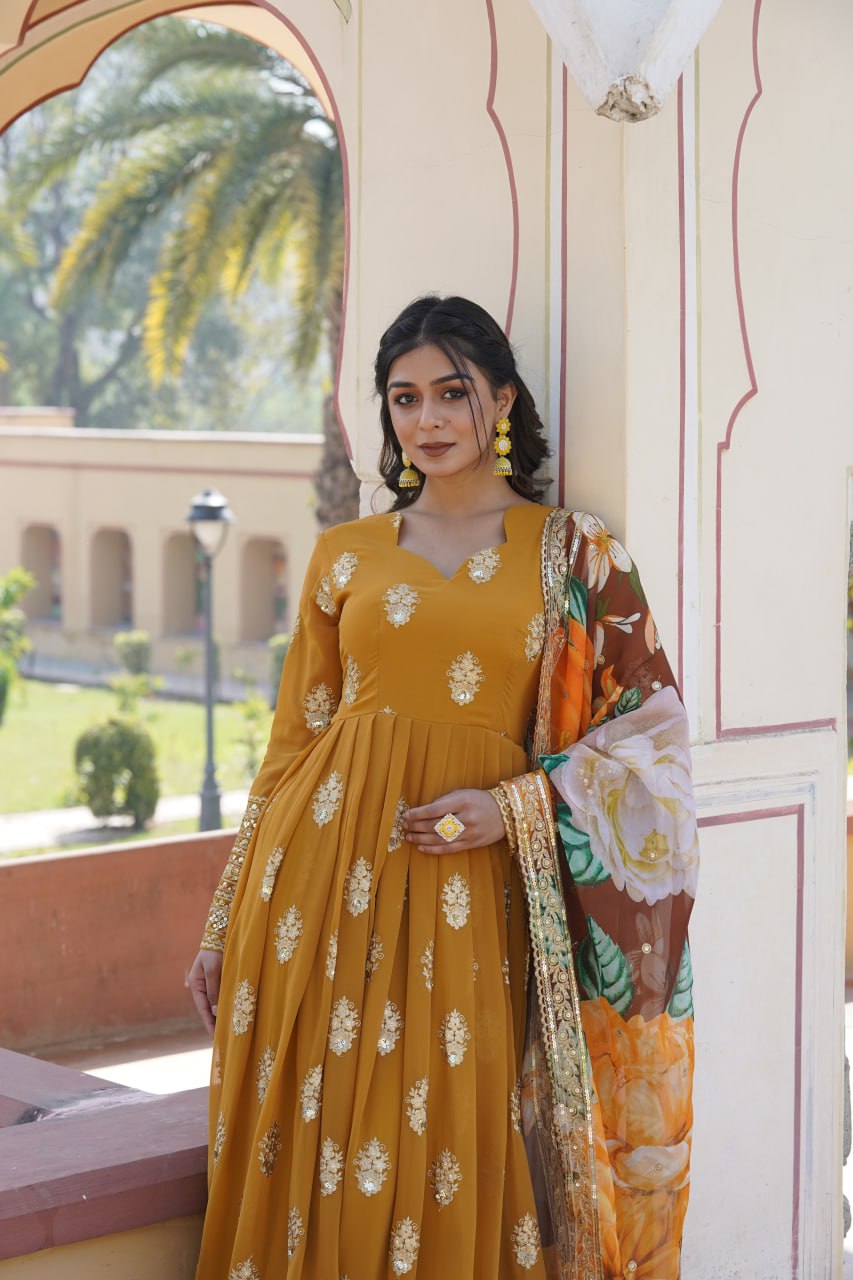 Premium Mustard Designer Readymade Faux Georgette Gown with Zari & Sequin Embroidery, V-Neck, Full Sleeves & Dupatta