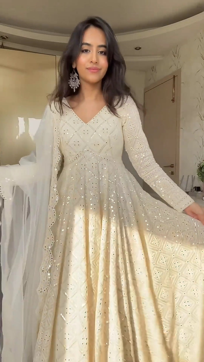 Premium Off White Readymade Anarkali Suit Set – 3 Piece Designer Ensemble with Heavy Sequins & Thread Embroidery Work | Faux Blooming Fabric | Festive & Wedding Wear Collection