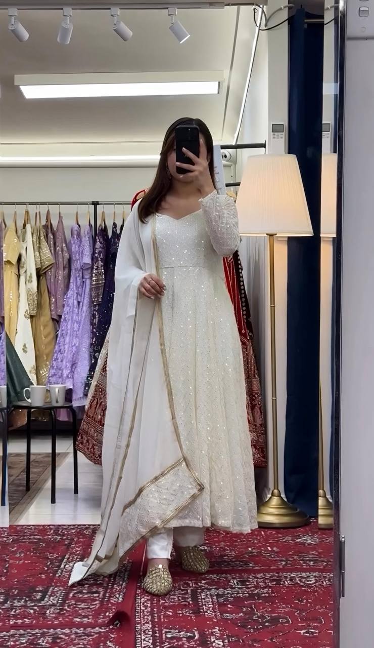 Premium Off White Readymade Anarkali Suit Set – 3 Piece Designer Ensemble with Heavy Sequins & Thread Embroidery Work | Faux Blooming Fabric | Festive & Wedding Wear Collection