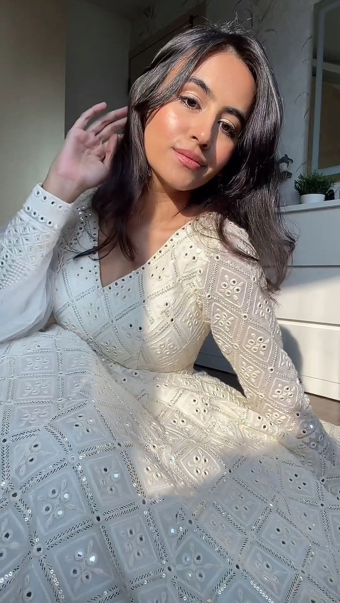 Premium Off White Readymade Anarkali Suit Set – 3 Piece Designer Ensemble with Heavy Sequins & Thread Embroidery Work | Faux Blooming Fabric | Festive & Wedding Wear Collection