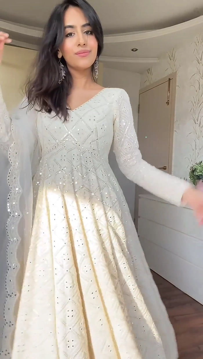 Premium Off White Readymade Anarkali Suit Set – 3 Piece Designer Ensemble with Heavy Sequins & Thread Embroidery Work | Faux Blooming Fabric | Festive & Wedding Wear Collection