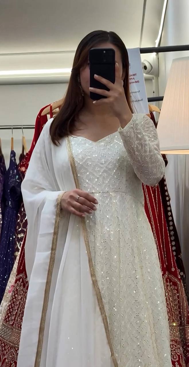 Premium Off White Readymade Anarkali Suit Set – 3 Piece Designer Ensemble with Heavy Sequins & Thread Embroidery Work | Faux Blooming Fabric | Festive & Wedding Wear Collection