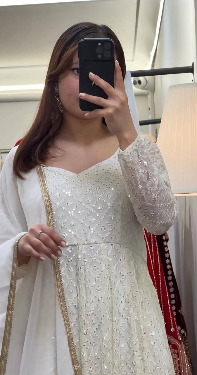 Premium Off White Readymade Anarkali Suit Set – 3 Piece Designer Ensemble with Heavy Sequins & Thread Embroidery Work | Faux Blooming Fabric | Festive & Wedding Wear Collection