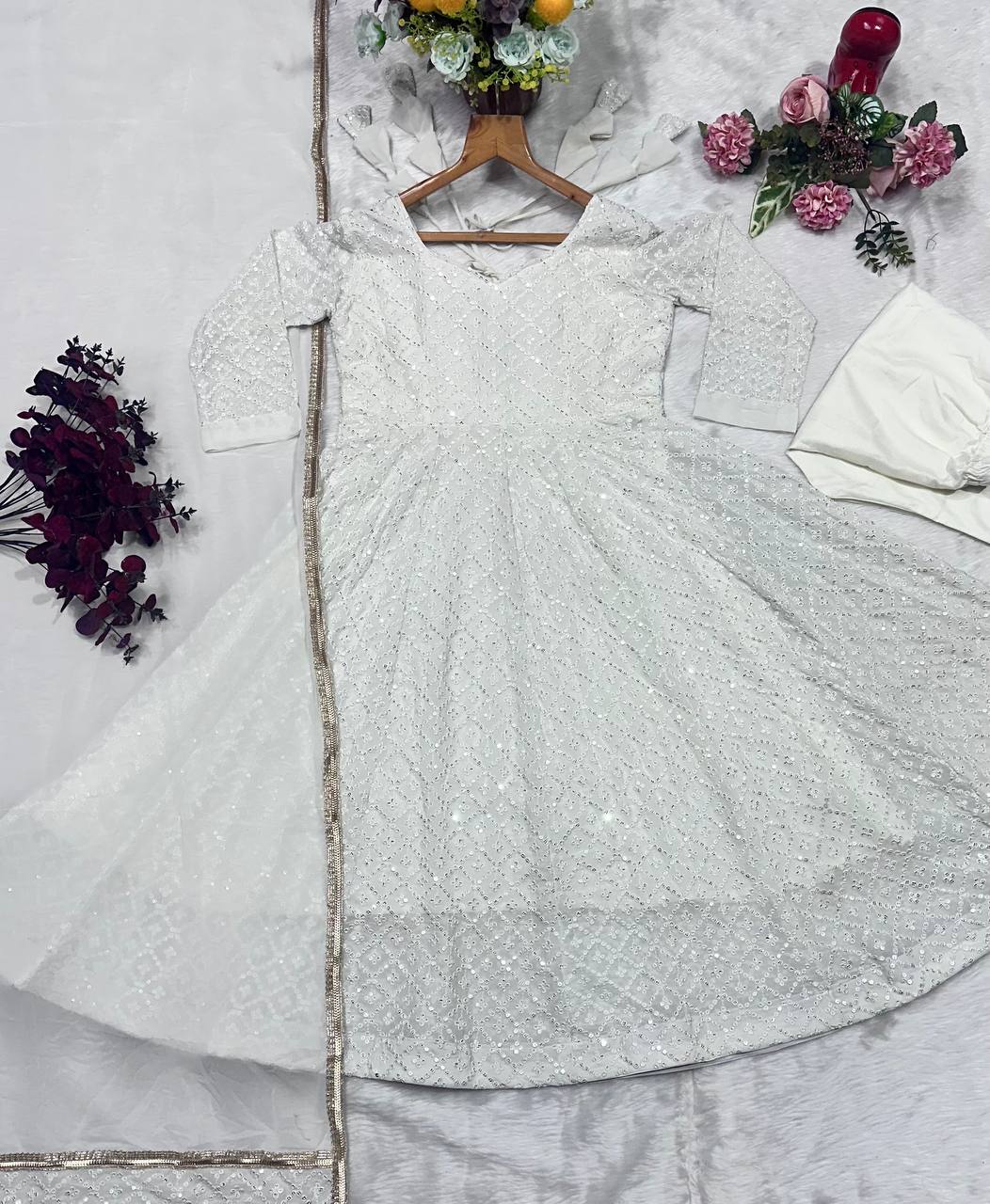 Premium Off White Readymade Anarkali Suit Set – 3 Piece Designer Ensemble with Heavy Sequins & Thread Embroidery Work | Faux Blooming Fabric | Festive & Wedding Wear Collection