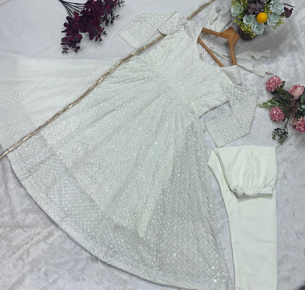 Premium Off White Readymade Anarkali Suit Set – 3 Piece Designer Ensemble with Heavy Sequins & Thread Embroidery Work | Faux Blooming Fabric | Festive & Wedding Wear Collection