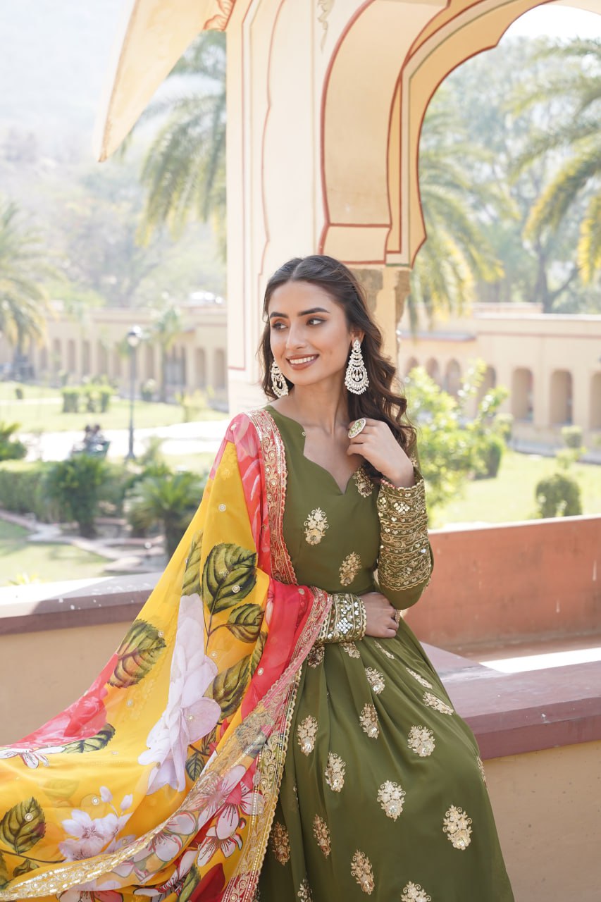 Premium Olive Green Designer Readymade Faux Georgette Gown with Zari & Sequin Embroidery, V-Neck, Full Sleeves & Dupatta