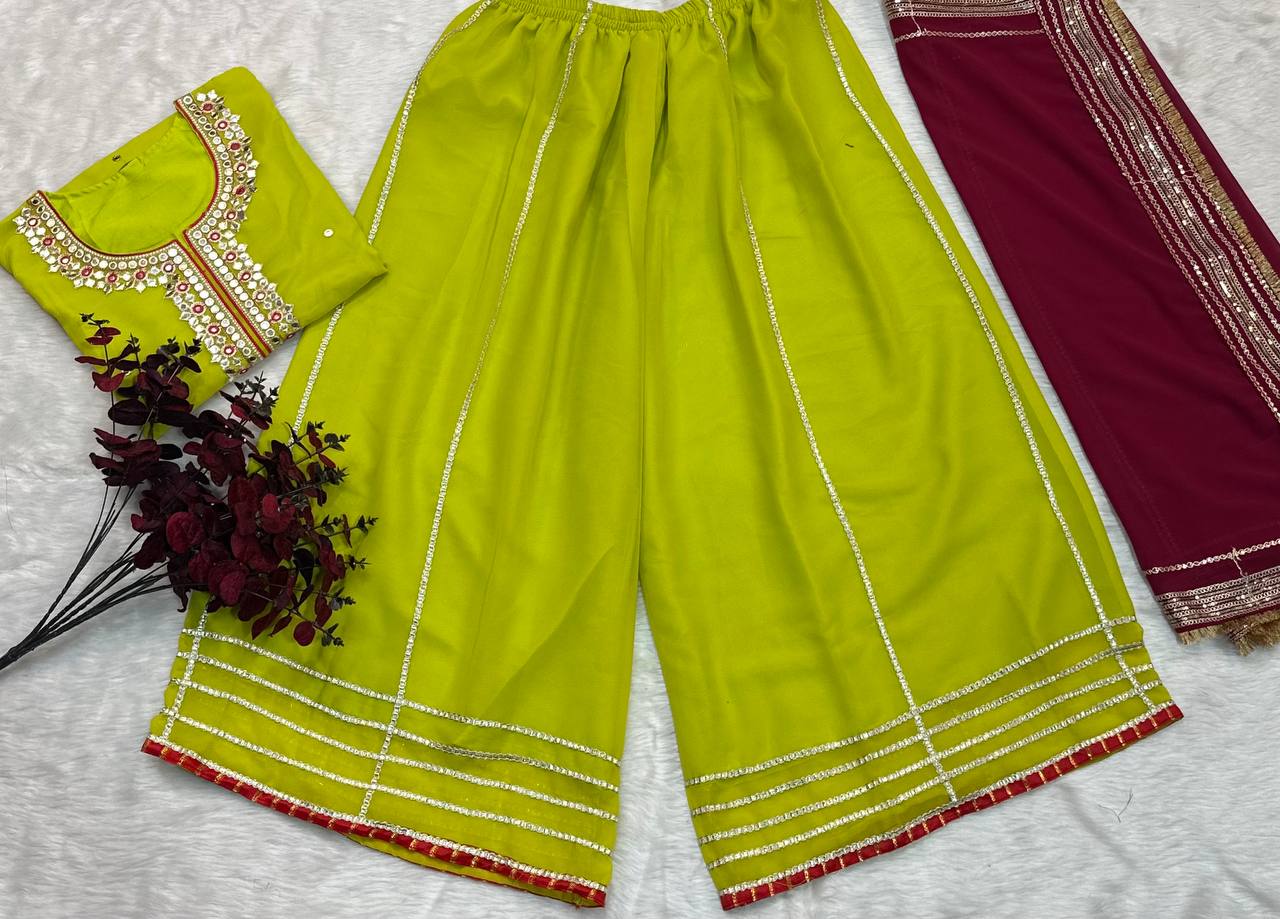 Premium Parrot Green Readymade Designer Sharara Suit Set | Heavy Faux Blooming Fabric | Sequins & Zari Embroidery | 3-Piece Luxury Outfit