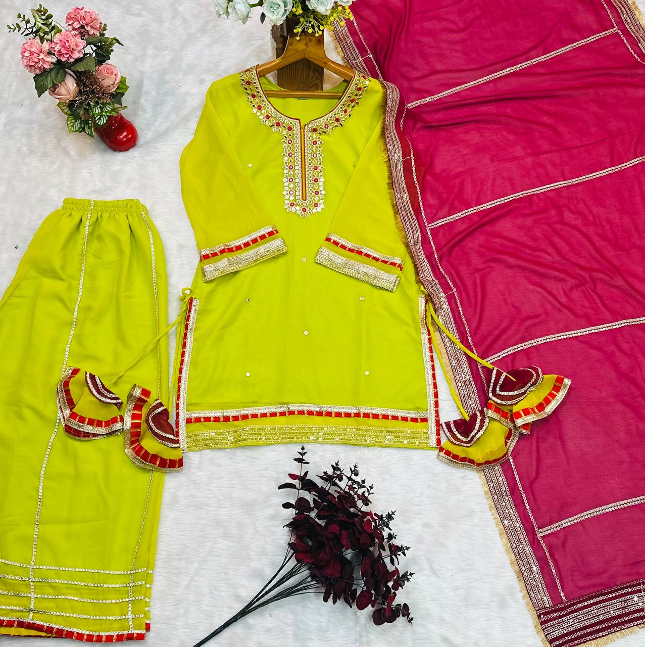 Premium Parrot Green Readymade Designer Sharara Suit Set | Heavy Faux Blooming Fabric | Sequins & Zari Embroidery | 3-Piece Luxury Outfit