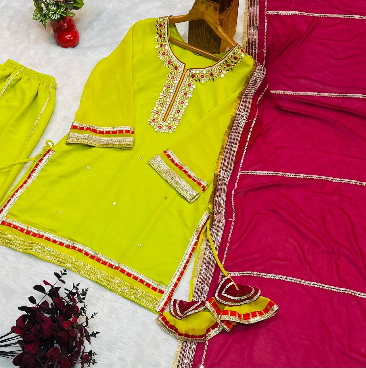 Premium Parrot Green Readymade Designer Sharara Suit Set | Heavy Faux Blooming Fabric | Sequins & Zari Embroidery | 3-Piece Luxury Outfit