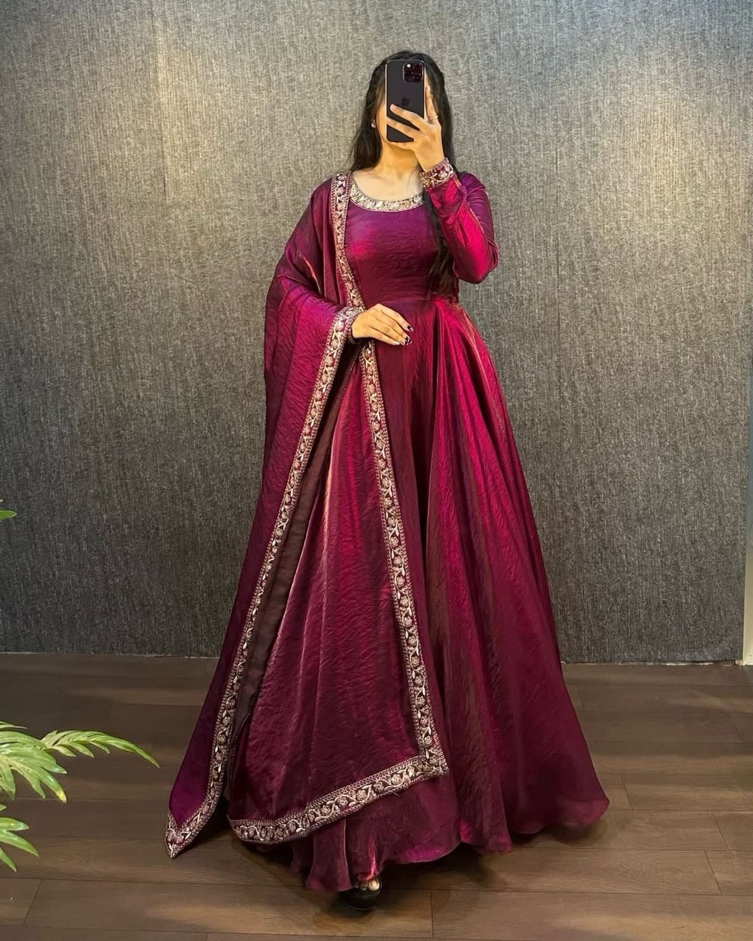 Premium Pure Soft Gold Crush Silk Gown with organza Dupatta Fully Stitched
