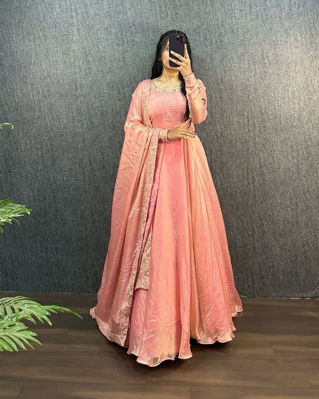 Premium Pure Soft Gold Crush Silk Gown with organza Dupatta Fully Stitched