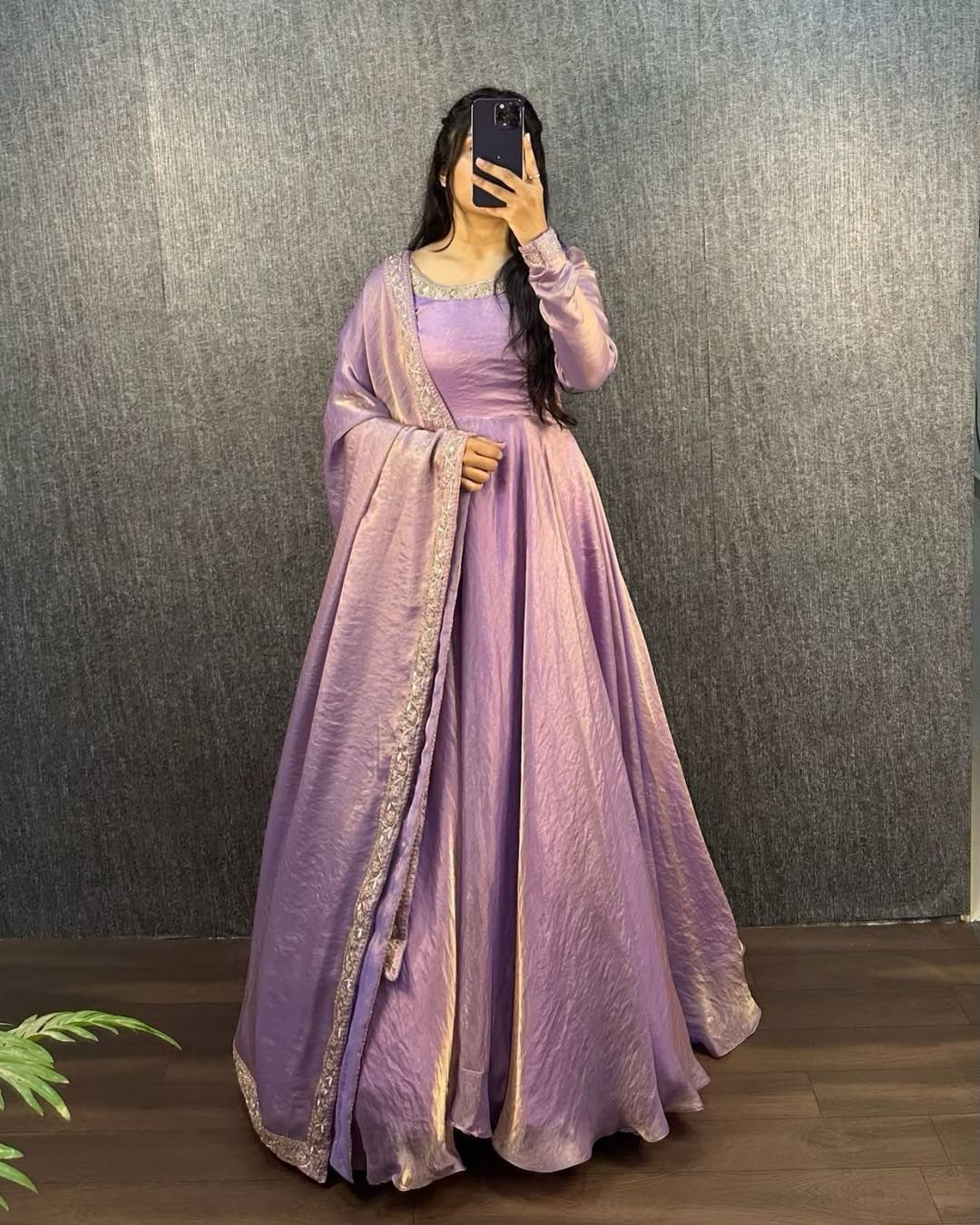 Premium Pure Soft Gold Crush Silk Gown with organza Dupatta Fully Stitched
