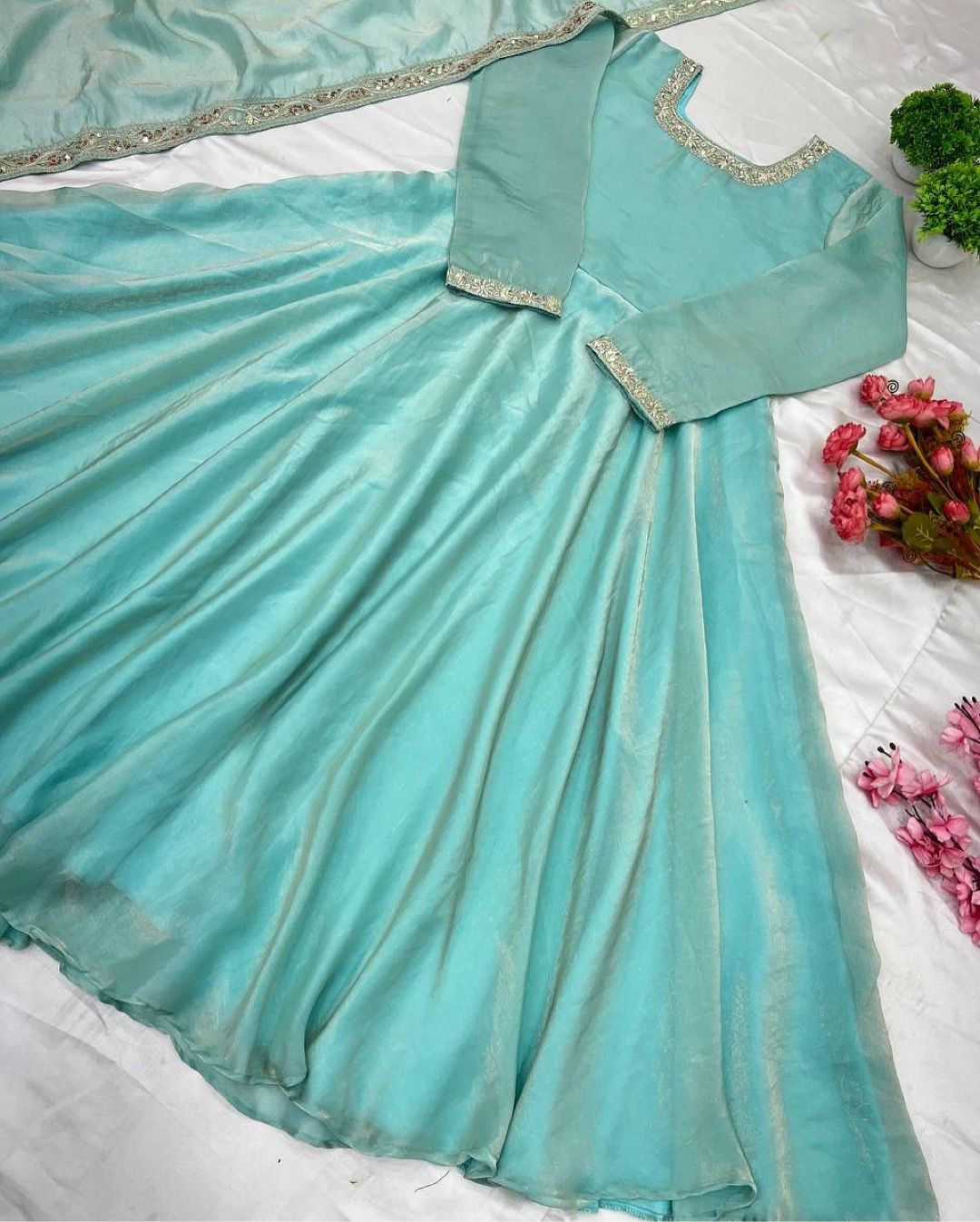 Premium Pure Soft Gold Crush Silk Gown with organza Dupatta Fully Stitched