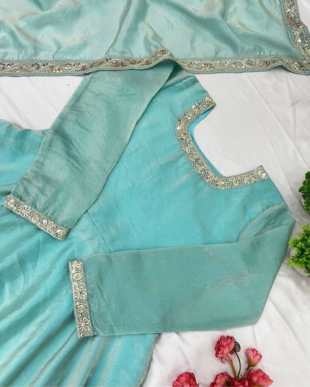 Premium Pure Soft Gold Crush Silk Gown with organza Dupatta Fully Stitched