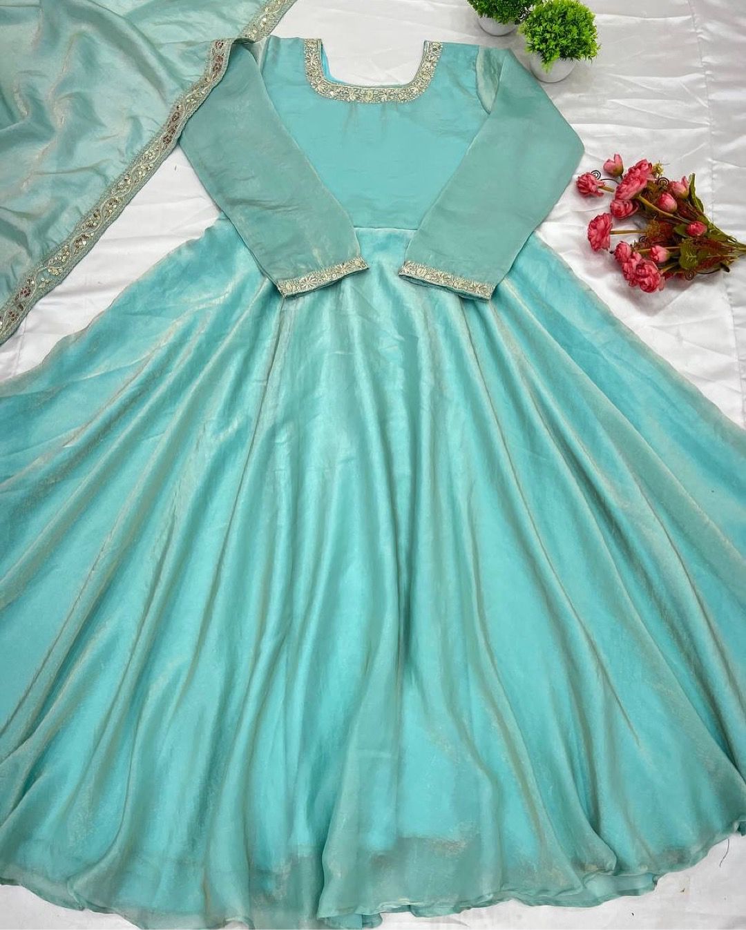 Premium Pure Soft Gold Crush Silk Gown with organza Dupatta Fully Stitched