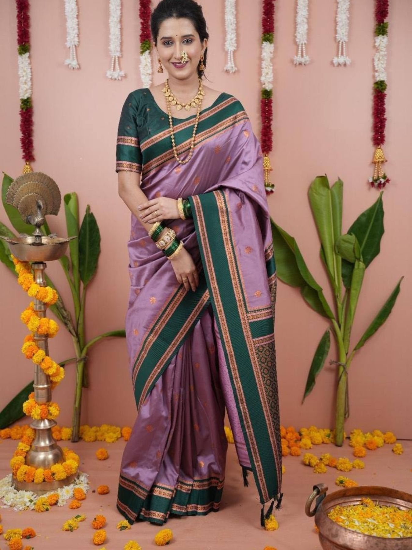 Pink Onion Soft Silk Two Tone Saree with Zari Border and Contrast Pallu